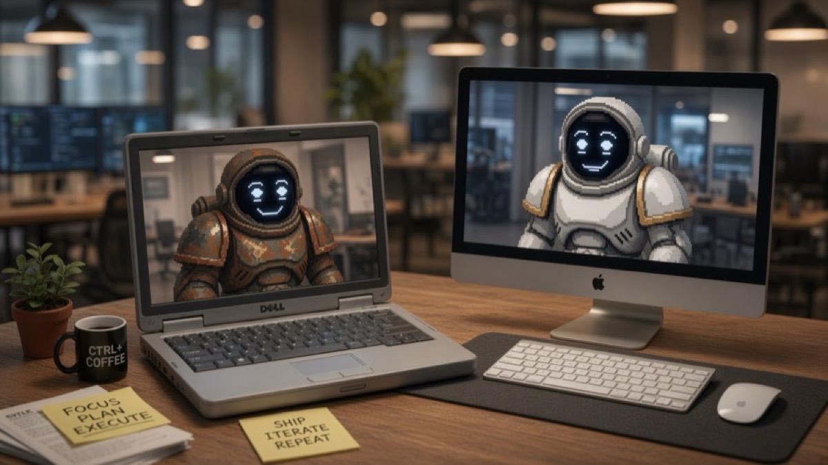 A Mac and a Dell facing each other